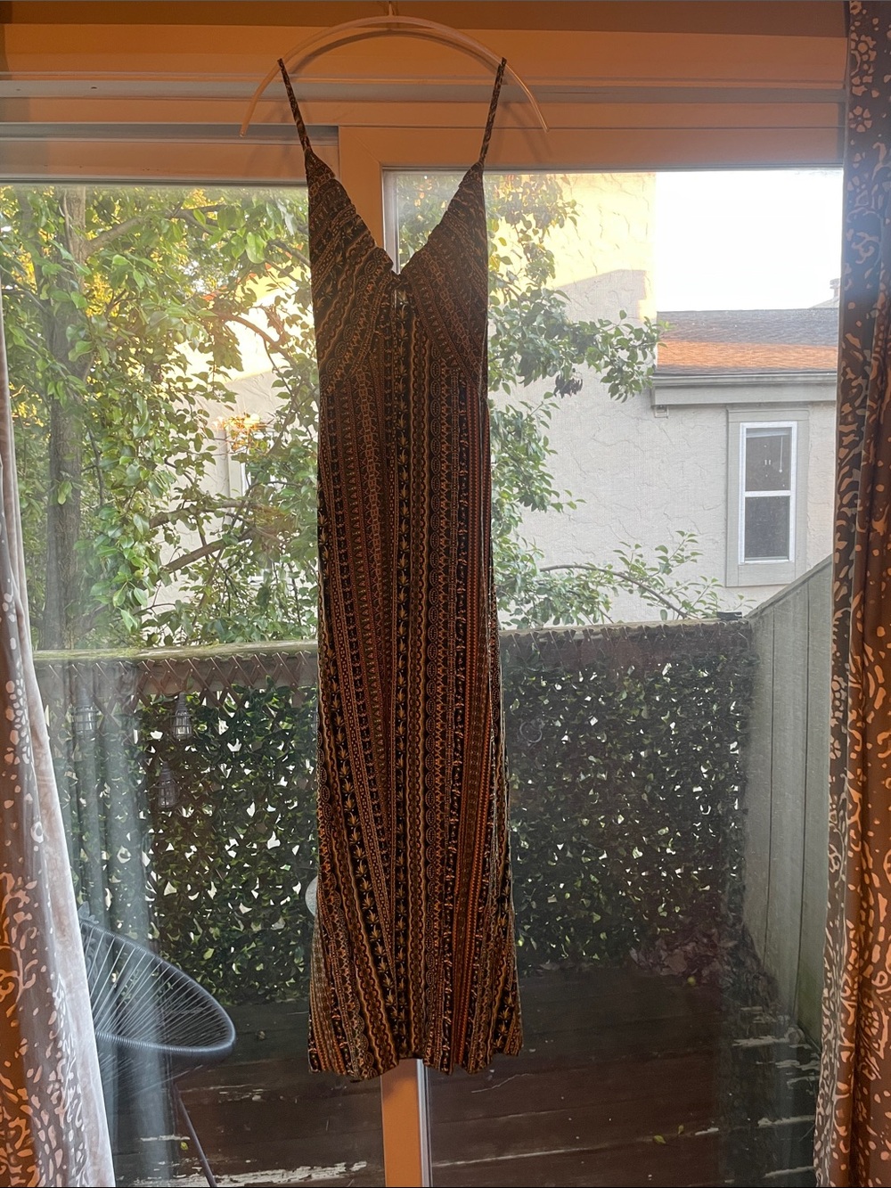 Boho Patterned Spaghetti Strap Maxi Dress - Black & Rust Tones